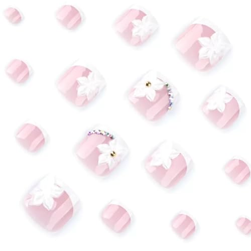 Sevgob Pattern T46 Short Square French Tip Press-On Toe Nails 24Pcs - Reusable Pink & White Flower Finish for Women & Men