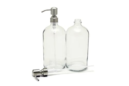 Vivaplex 32 oz Clear Glass Bottles with Stainless Steel Lotion Pumps (2 Pack)