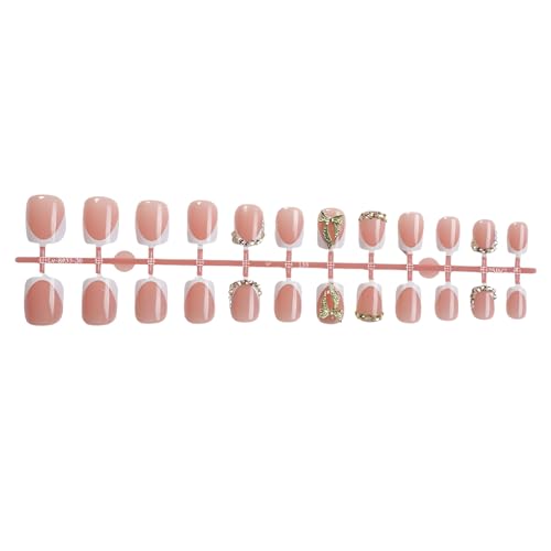 24Pcs Short Square French Tip Press On Nails with Gold Bow Design