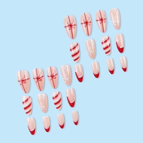 GUFUGU Style-39 Short Almond Christmas Press On Nails with Snowflake & Holiday Designs, 24 Pcs