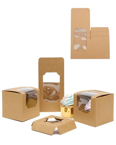 Bakepacker Auto-Pop Cupcake Boxes - 30 Pack, Brown, 3.5"