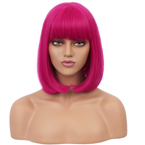 RightOn Hot Pink Bob Wig with Bangs - 12 Inch Short Straight Hair