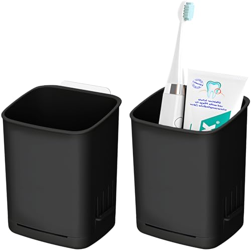 SIBRANT Wall Mounted Toothbrush Holder - 2 Pack, Removable, Self-Draining, Black