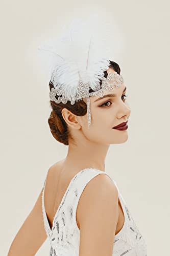 BABEYOND White 1920s Flapper Headband with Feathers & Crystals - Gatsby Costume Accessory