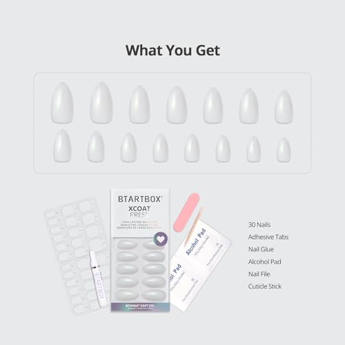 BTArtbox Press On Nails, Medium Almond Glitter White, 30-Piece Gel Nail Kit