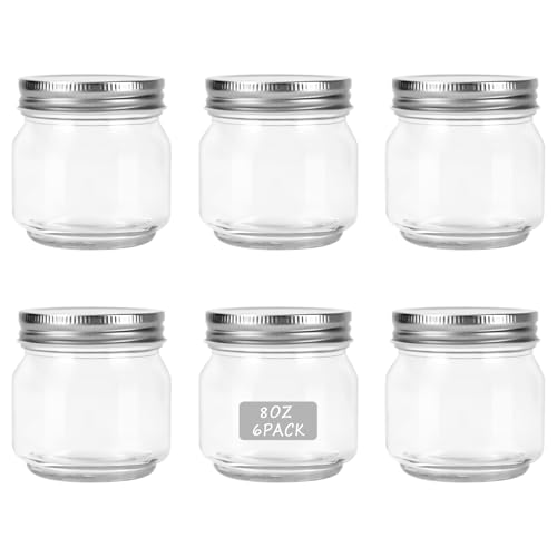 HOXHA 8oz Clear Glass Mason Jars with Lids - 6 Pack for Food Storage