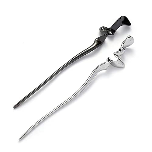 2Pcs Chinese Hair Sticks for Women - Silver & Black Metal Hairpins