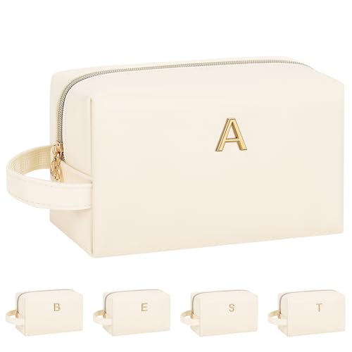 Personalized Initial Makeup Bag - Waterproof PU Leather Cosmetic Travel Pouch