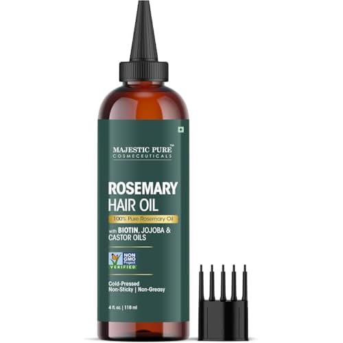 Majestic Pure 100% Pure Rosemary Oil for Hair Growth - Strengthening, Nourishing, Volumizing - Infused with Biotin Oil, Jojoba Oil & Castor Oil - Non GMO Verified - 4 Fl Oz - With Applicator