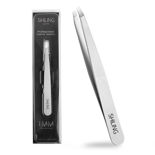 SHILING Professional Slant Tip Eyebrow Tweezers, 1mm Precision Stainless Steel