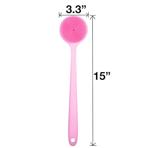 DNC Pink Silicone Back Scrubber with Long Handle - Soft Shower Body Brush