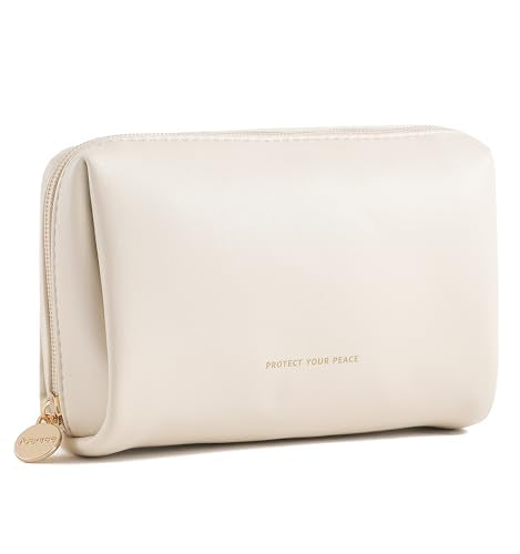Aveniee Small Travel Makeup Bag Beige Vegan Leather Organizer for Women