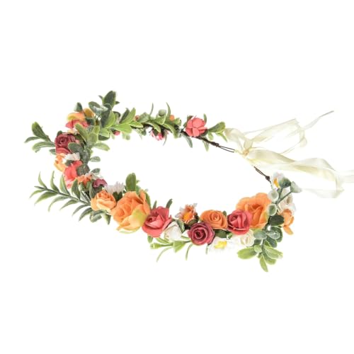 Boho Floral Wreath Headband - White Pink Orange Leaf Bridal Hair Crown