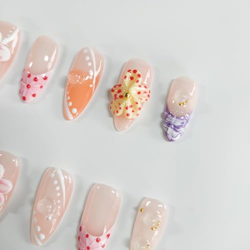 3D Floral Almond Press on Nails - Medium Length French Tip Style 3
