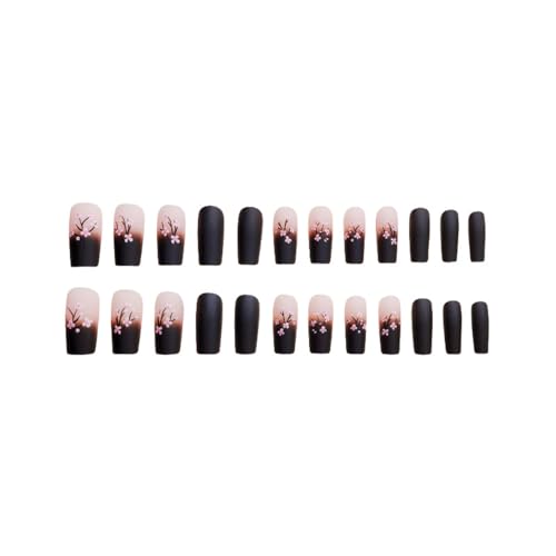 CEWEWP A1 Fall Pink Black Gradient Coffin Press-On Nails 24pcs - Medium, Glossy, Full Cover, Pink Flowers Design