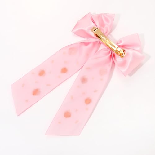 Strawberry Satin Hair Bow Clip with Crystal Charms - Summer Hair Accessory