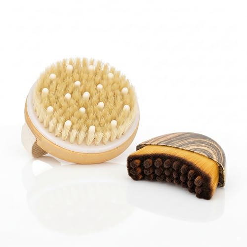 2-in-1 Dry Body & Face Brush Set for Lymphatic Drainage and Exfoliation - Natural Boar Bristle & Soft Facial Brush