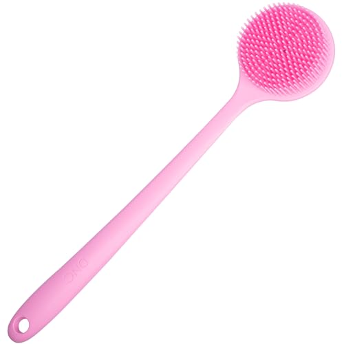 DNC Pink Silicone Back Scrubber with Long Handle - Soft Shower Body Brush