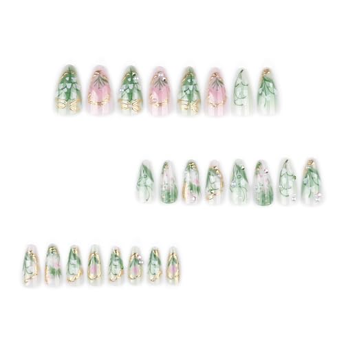 Green Almond Press-On Nails with 3D Pearl Rhinestones - 24 Pcs