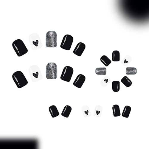 Vopintpy Valentines Press on Nails 1940 - Short Square Silver Glitter Fake Nails for Women, Romantic DIY Manicure
