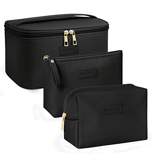 MAANGE Large Makeup Bag Set with 2 Small Pouches - Portable Leather Travel Cosmetic Organizer