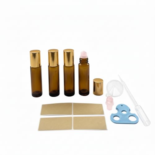 4 Pack Rose Quartz Roller Bottles - 10ml Amber Glass Essential Oil Kit