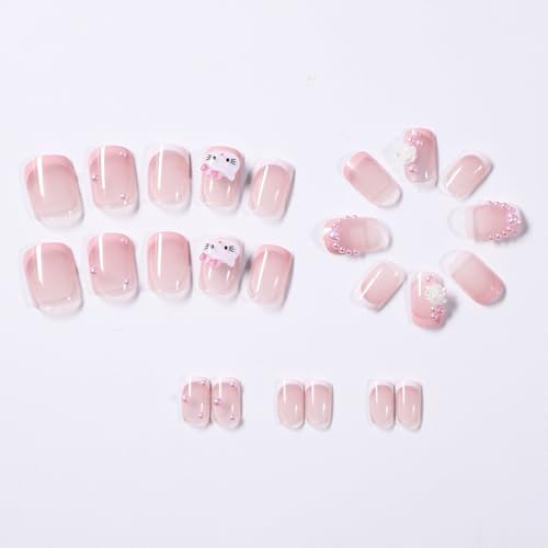 24 Pcs Nude Pink French Tip Press-On Nails Kit with 3D Pearl Design