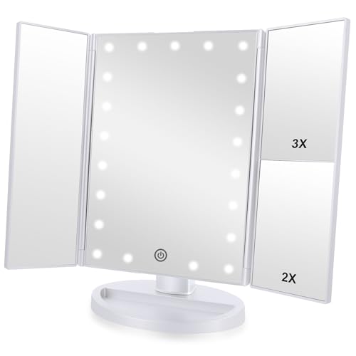 Flymiro Tri-fold Lighted Vanity Makeup Mirror with 3x/2x Magnification,Light up Mirror for Makeup,Touch Screen 21 LEDs,180¡Æ Rotation Countertop Cosmetic Mirror,Gifts for Women Mom Teen Girls