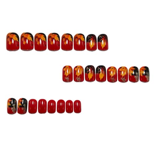 Fall Press on Nails Short Square Maple Leaves Glitter Design Glossy Fake Nails 24Pcs