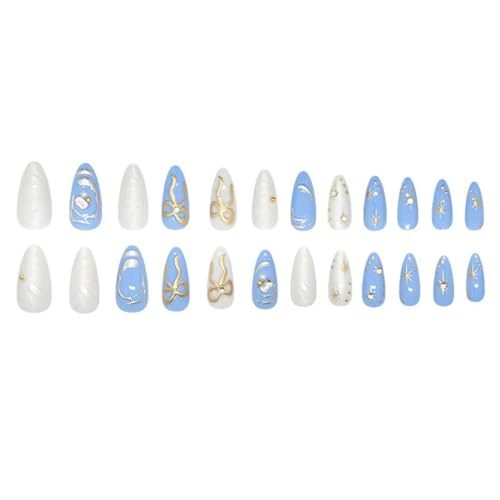 NBNTGH Blue White Press On Nails with Gold Star Design - Reusable Fake Almond Manicure Kit for Women & Girls, 24 Pcs