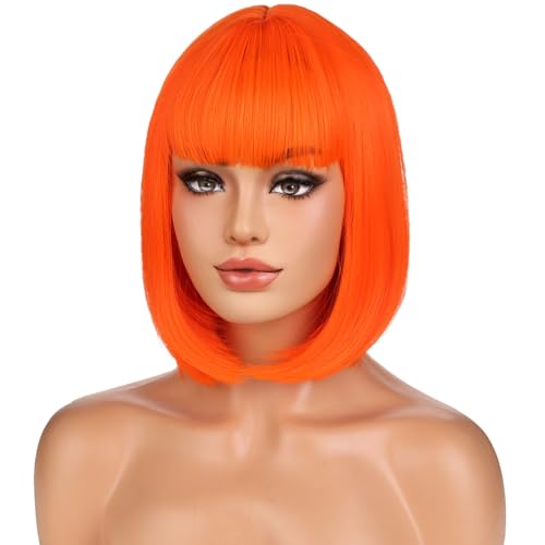 PATTNIUM Bright Orange Bob Wig with Bangs - Heat Resistant Synthetic Hair