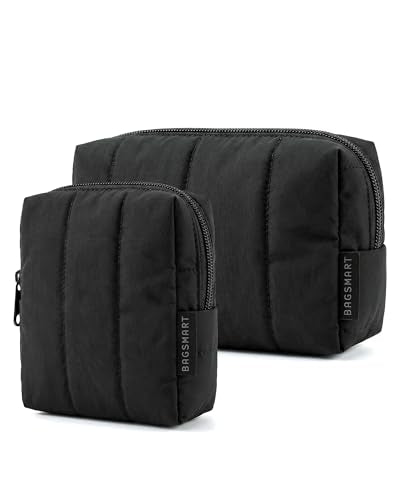 BAGSMART Black Puffy Padded Travel Makeup Bag Duo (Large & Small)