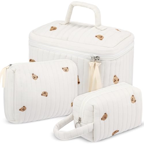 Paterr 3-Piece Quilted Cotton Makeup Bag Set - Little Bear White