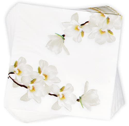 Magnolia Cocktail Napkins - White Floral Disposable Paper Napkins for Events