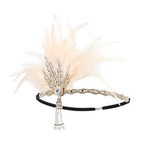 Vintage 1920s Flapper Headband - Gold & Champagne Feather Accessory