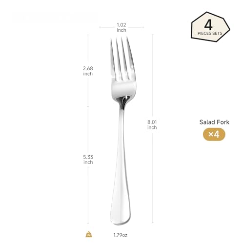 HIKAA 4-Piece Dinner Fork Set - 8-Inch Stainless Steel Cutlery