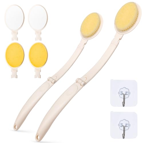 LFJ 19" Foldable Long Handle Bath Brush Set with 3 Interchangeable Heads