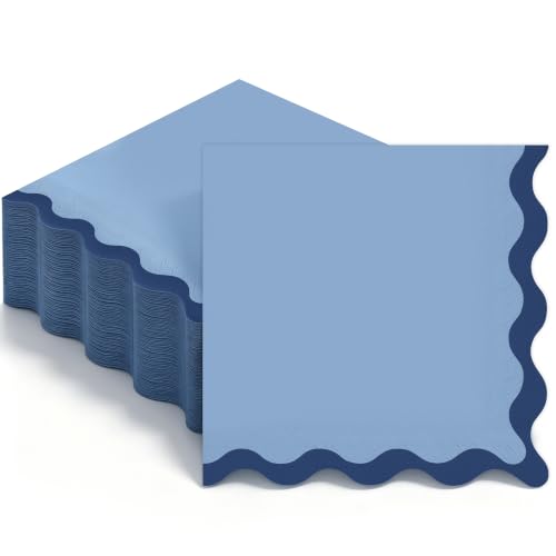 80 Pcs Blue Scalloped Cocktail Napkins - 6.5'' Wavy Edge Design for Parties