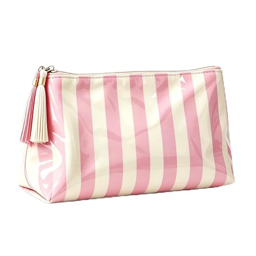 AUONY Waterproof Travel Makeup Bag - Pink & Beige Striped Cosmetic Pouch