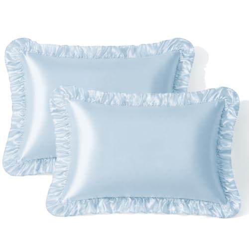 SiinvdaBZX Baby Blue Ruffled Satin Pillowcase Set of 2 | 20x26 Inch
