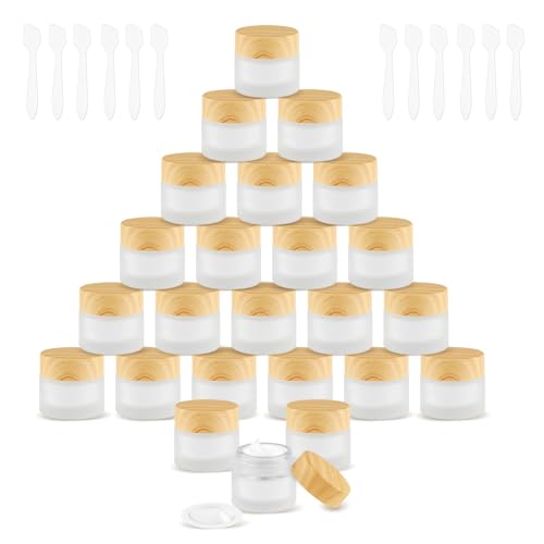 24 Pcs 10g Frosted Glass Cream Jars with Wood Grain Lids for Cosmetics