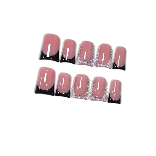 10pcs Hantyer Short Duckbill Glossy Black French Press On Nails Kit - M Size with Rhinestones & 3D Flower Designs