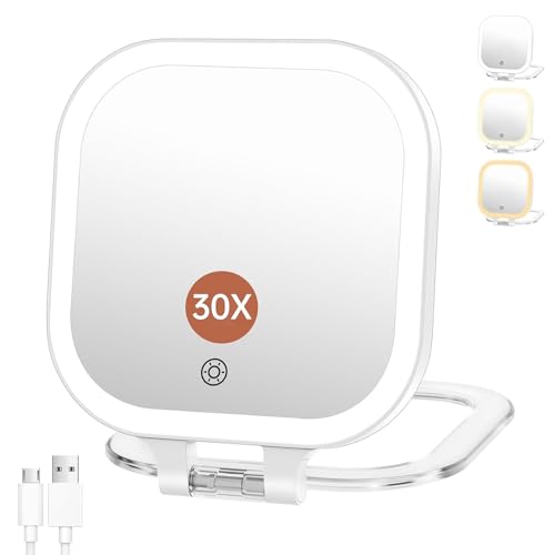 FASCINATE 3.5" White Rechargeable Travel Makeup Mirror - 30X Magnification