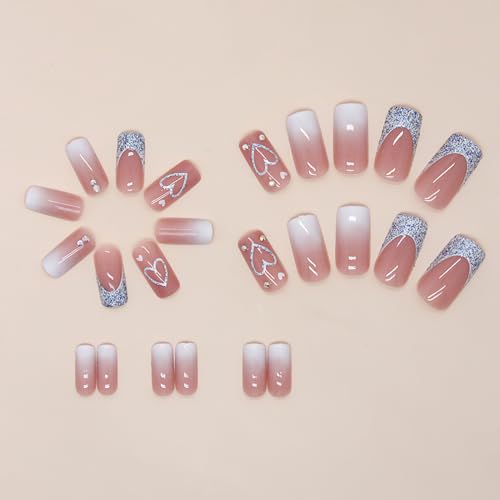 Medium Length French Tip Press-On Nails with Blue Glitter & Rhinestones - 24pcs