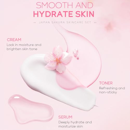 Yasovigi Sakura Skincare Set for Teens & Women - Travel-Friendly 5-Piece Kit with Cleanser, Toner, Serum, Eye & Face Cream