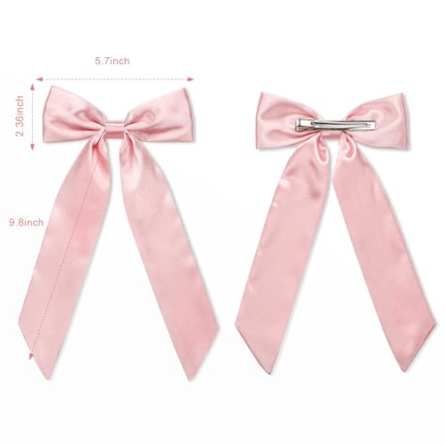 WantGor Pink Satin Long Tail Bow Hair Clips - Elegant Hair Ribbon for Women