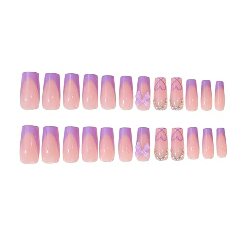 YEFIUO MQ05 Medium Square Press On Nails with Heart Rhinestones – Purple French Design 24Pcs