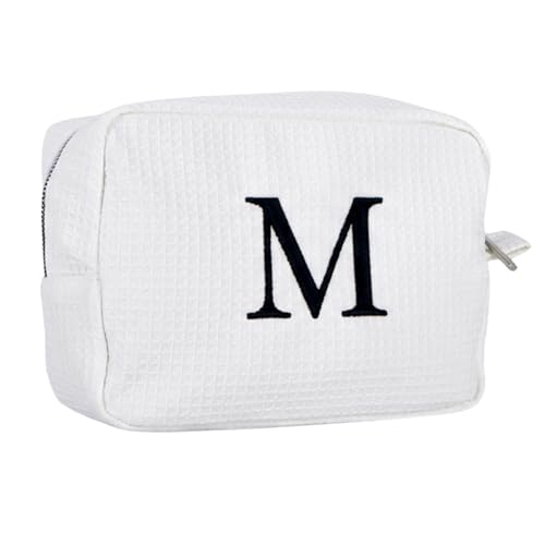 Personalized White Waffle Makeup Bag with Initial Embroidery - Medium