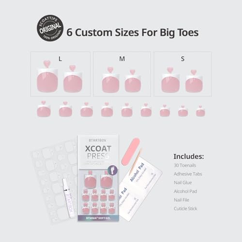 BTArtbox Press On Toenails, Ma'am Sharp Square Pink French Tip, 30Ct