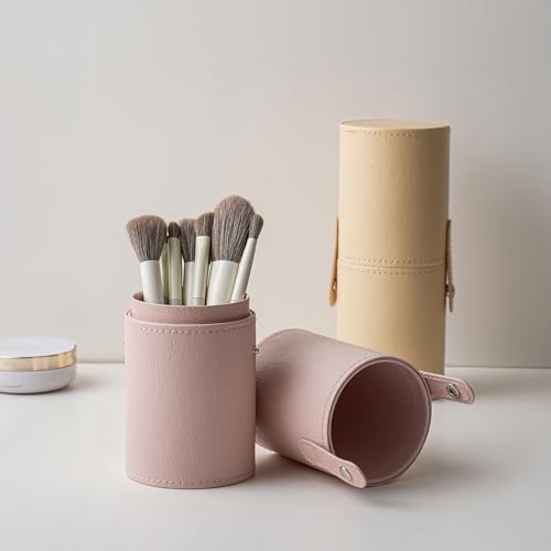 Light Pink Portable Makeup Brush Holder - Waterproof PU Leather Case